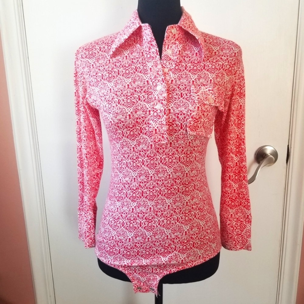 Vintage 70s Bodysuit Red Print Long Collar Small